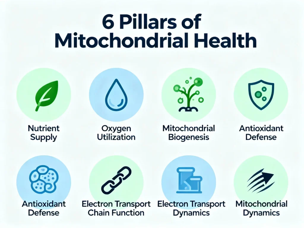 Infographic chart displaying the six key pillars of mitochondrial health: nutrition, exercise, sleep, stress management, detoxification, and supplementation, with icons and brief descriptions.