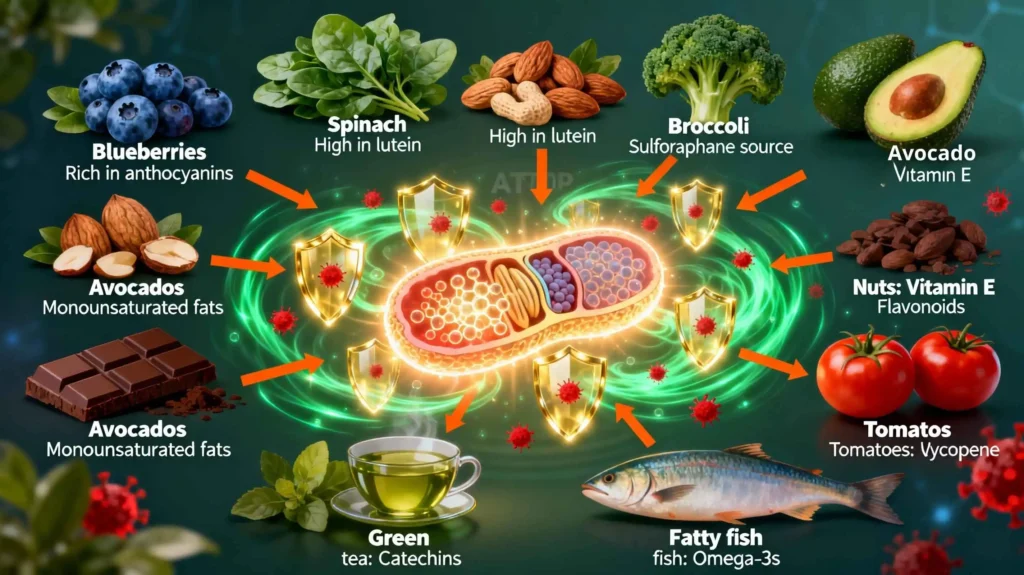 Colorful illustration of antioxidant-rich foods including blueberries, spinach, broccoli, avocados, nuts, dark chocolate, green tea, tomatoes, and fatty fish surrounding glowing mitochondria, highlighting the protection and energy support these foods provide for mitochondrial health.