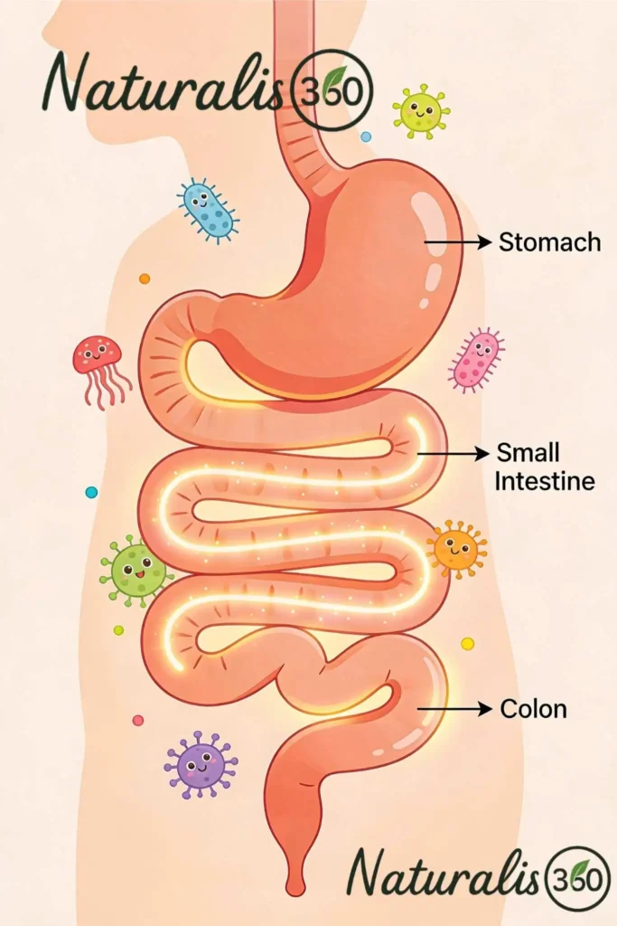 Illustrated diagram of the human digestive system in side-profile view, highlighting the stomach, small intestine, and colon with bold outlines and colorful microbiome icons (bacteria, viruses, and probiotics) surrounding the intestinal areas, in an educational style with pastel colors and labels.