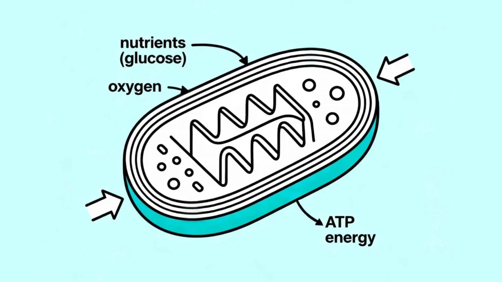 Schematic diagram of mitochondria showing nutrients and oxygen entering through the outer membrane and ATP (energy) exiting as the final product of cellular respiration. (see the generated image above)