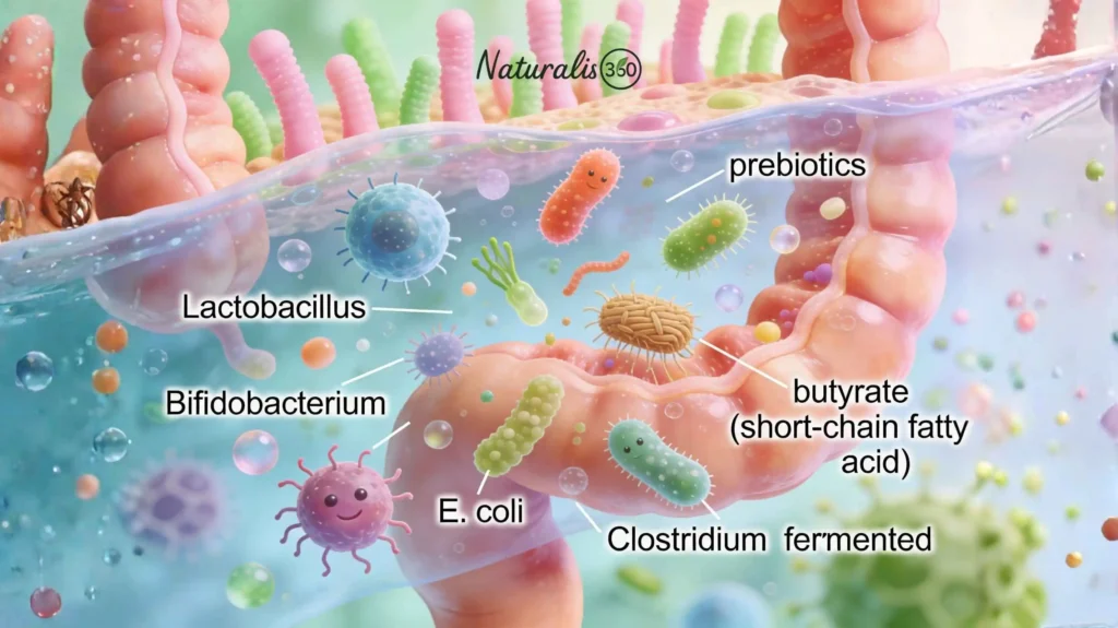 gut health microbiome showing probiotics prebiotics and postbiotics working together