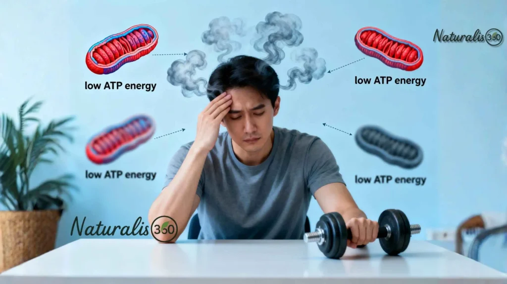 Medical illustration depicting early signs of mitochondrial dysfunction: a fatigued adult at a desk with brain fog clouds around the head, a slipping dumbbell in a weak arm, and fading mitochondria icons labeled "low ATP energy" in the background.