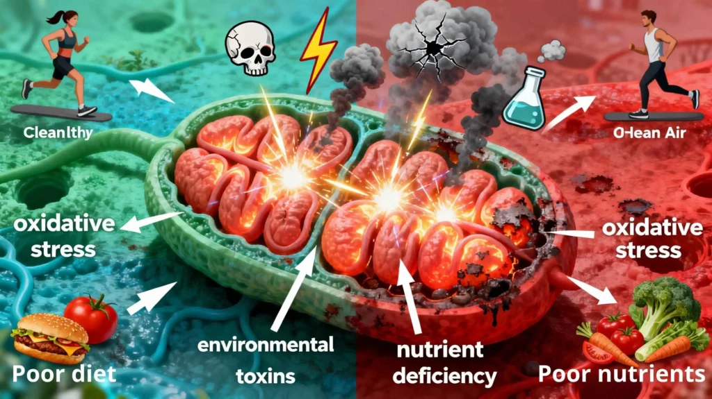 Illustration of stress, toxins, and poor diet negatively affecting mitochondrial performance: central mitochondria under attack from stress icons like lightning bolts, toxin clouds corroding them, and junk food clogging; contrasted with healthy side boosted by exercise, clean air, and vegetables, labeled with terms like "oxidative stress" and "nutrient deficiency." 