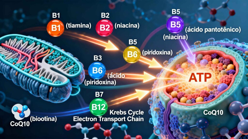 Illustration of mitochondria with B vitamins (B1, B2, B3, B5, B6, B7, B12) and CoQ10 as colorful icons interconnected via arrows in Krebs cycle and electron transport chain, generating ATP synergistically.
