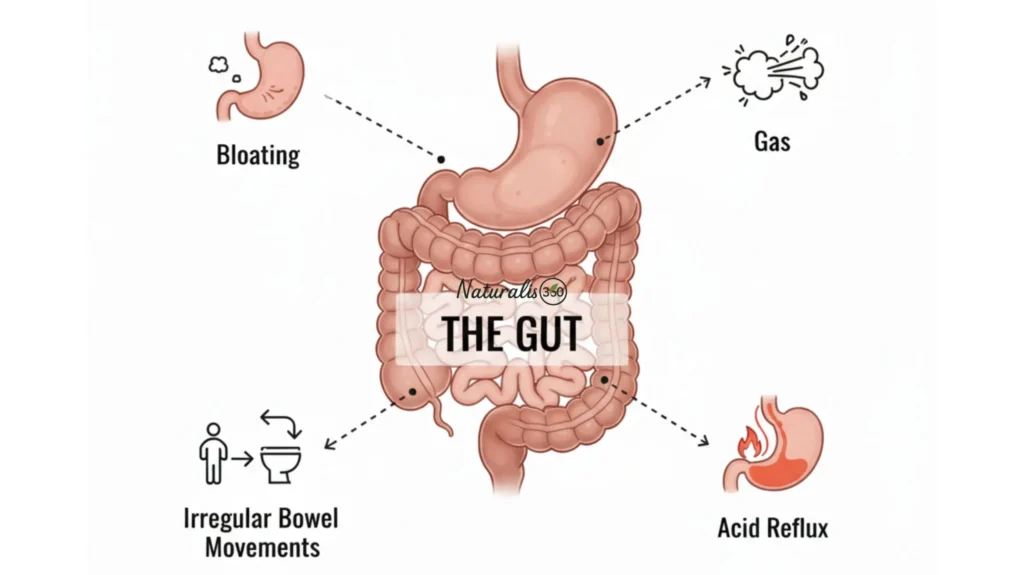 Digestive signs of leaky gut symptoms poor gut health including bloating gas and irregular digestion