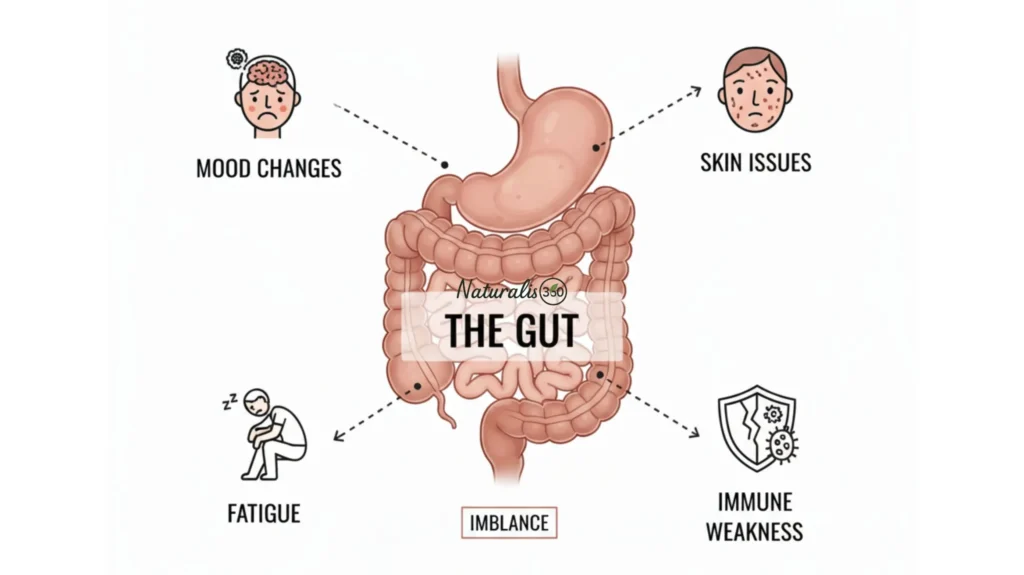 Poor gut health symptoms affecting mood skin energy and immunity. More Leaky Gut Symptoms