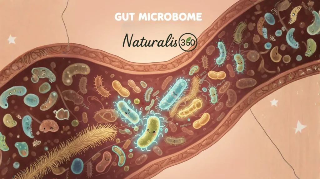 illustrated gut microbiome with highlighted beneficial bacteria