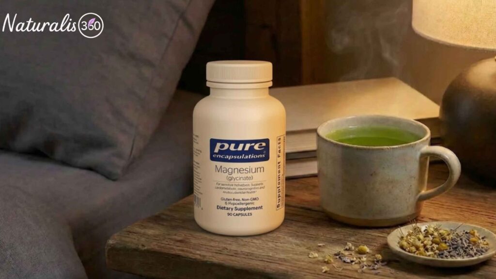 dim bedroom setup with magnesium supplement and herbal tea supporting natural sleep aids routine