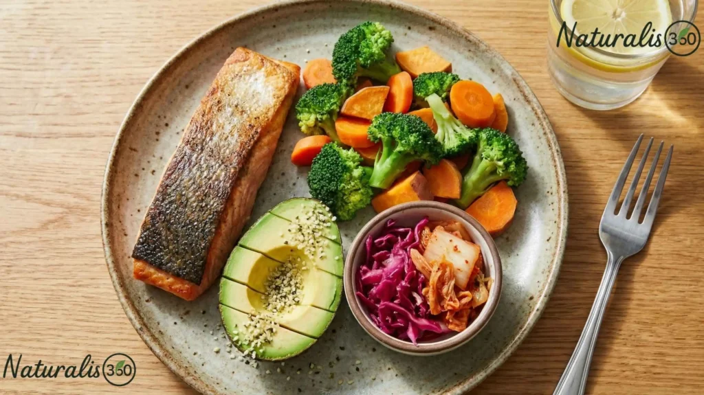 gut reset meal plate for gut cleanse with protein healthy fats and fermented foods