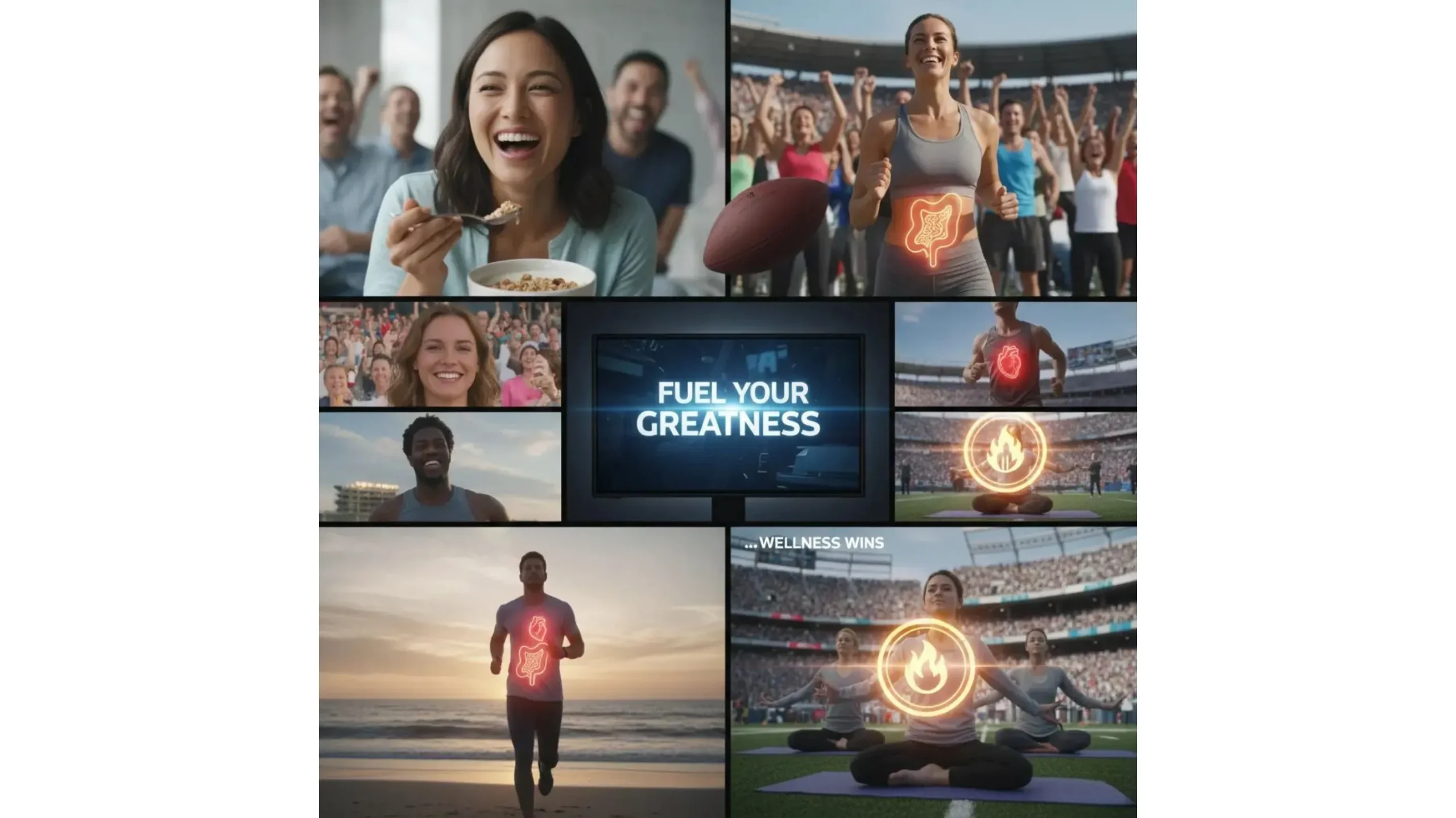 Super Bowl commercial montage with wellness icons like gut, heart, and metabolism