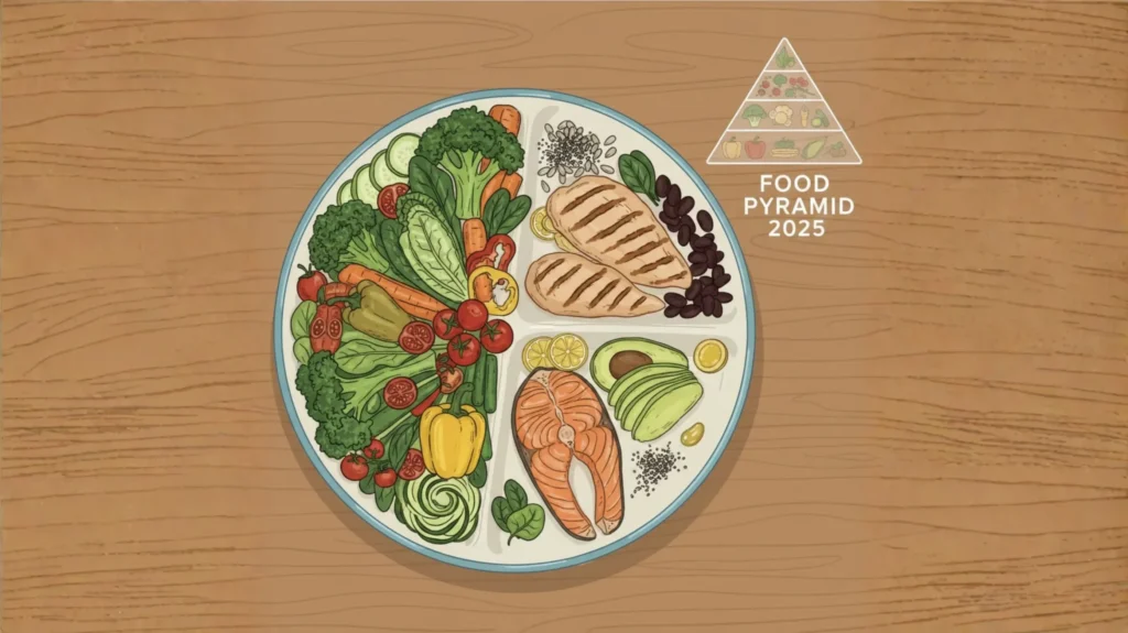 balanced natural food plate supporting Food Pyramid 2025