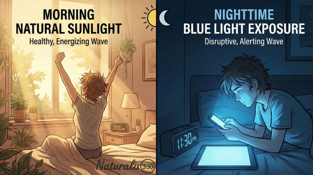 circadian rhythm illustration showing morning light alignment and nighttime blue light disruption