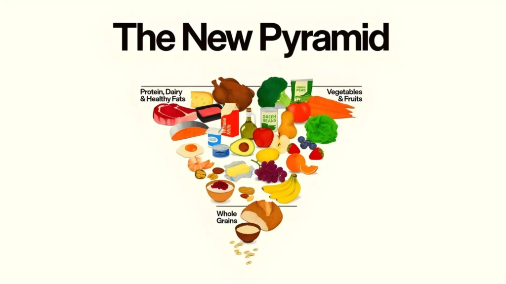 food pyramid 2025 graphic showing real whole foods at the base